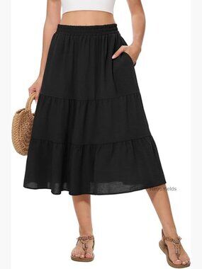 Women’s Black Tiered Midi Skirt with Elastic Waist